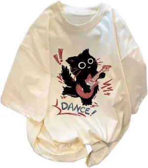Harajuku Oversized Shirts Goth Punk Cat Print Tees Summer Streetwear Casual Baggy Tshirts Y2k Tee Tops