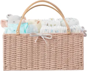 HBlife Large Baby Diaper Caddy Organizer Pink, Paper Rope Storage Baskets Nursery Bin with Removable Divider, Portable Car Organizer for Diapers, Baby Shower Gifts, Newborn Essentials Must Haves