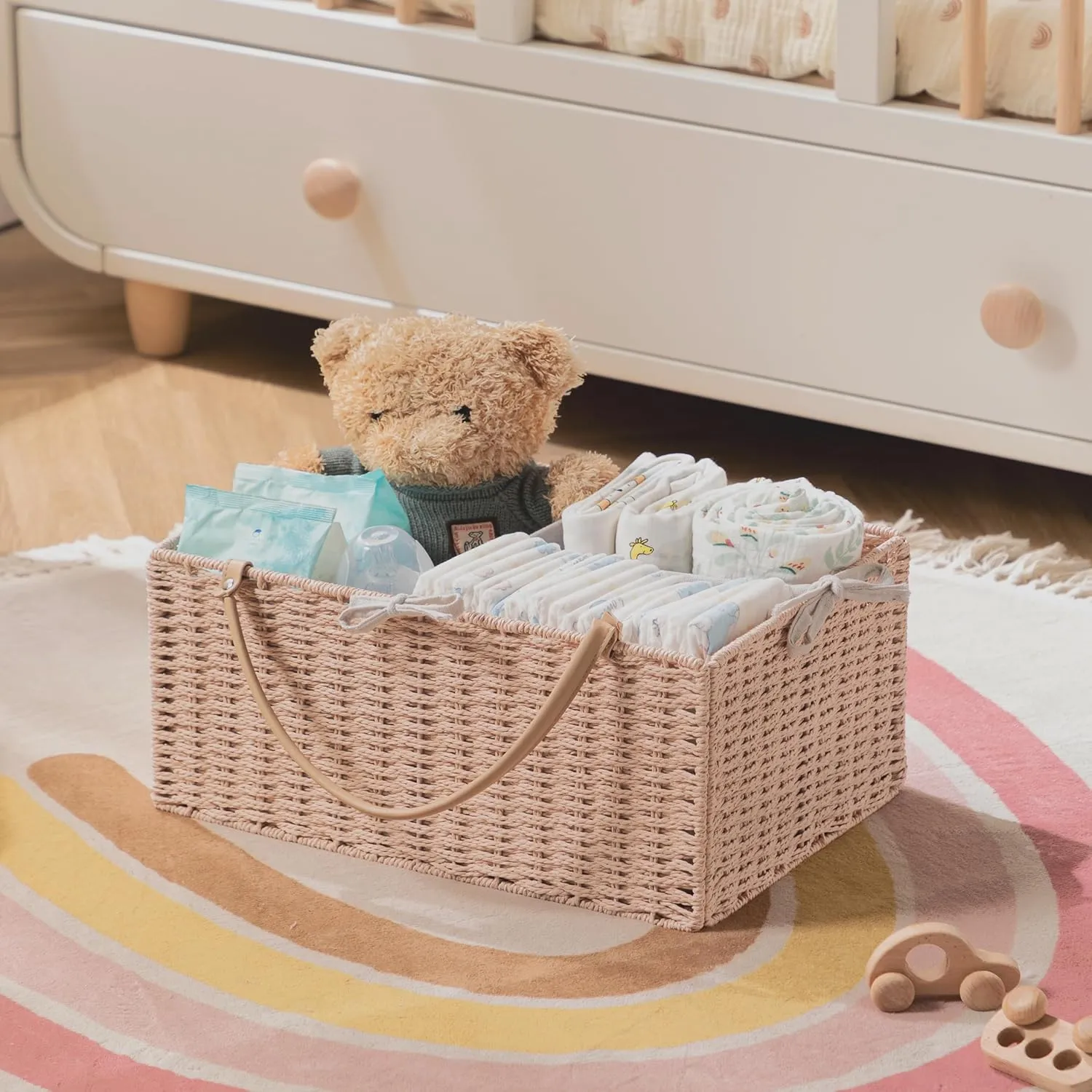 HBlife Large Baby Diaper Caddy Organizer Pink, Paper Rope Storage Baskets Nursery Bin with Removable Divider, Portable Car Organizer for Diapers, Baby Shower Gifts, Newborn Essentials Must Haves