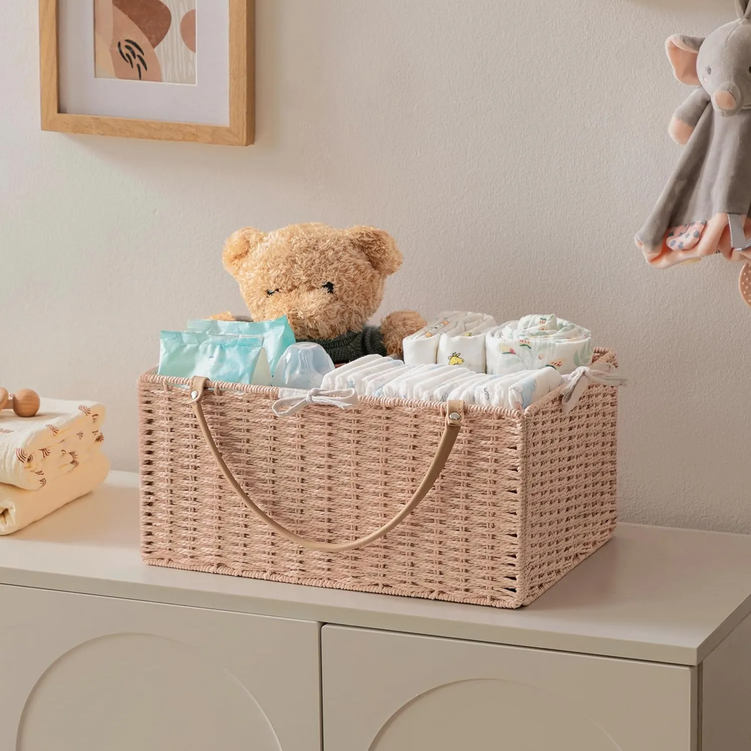 HBlife Large Baby Diaper Caddy Organizer Pink, Paper Rope Storage Baskets Nursery Bin with Removable Divider, Portable Car Organizer for Diapers, Baby Shower Gifts, Newborn Essentials Must Haves
