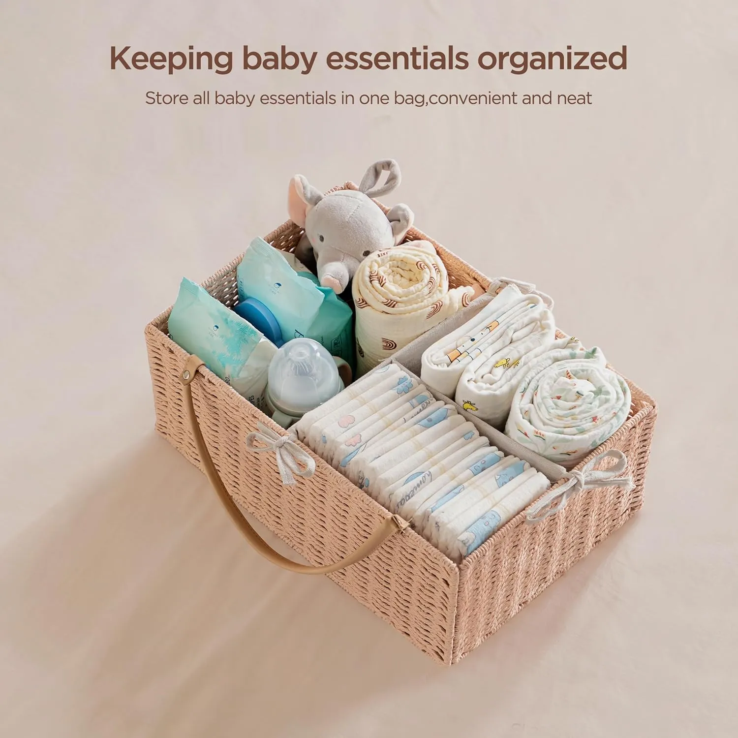 HBlife Large Baby Diaper Caddy Organizer Pink, Paper Rope Storage Baskets Nursery Bin with Removable Divider, Portable Car Organizer for Diapers, Baby Shower Gifts, Newborn Essentials Must Haves