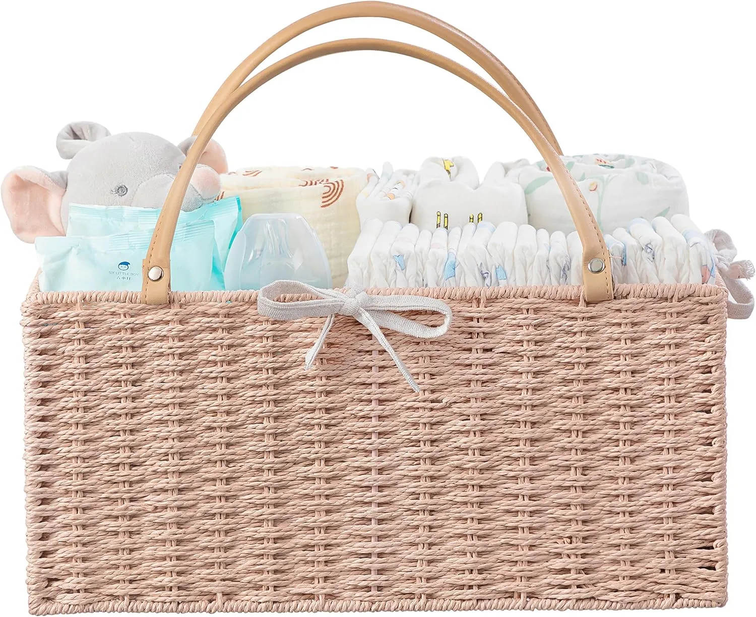 HBlife Large Baby Diaper Caddy Organizer Pink, Paper Rope Storage Baskets Nursery Bin with Removable Divider, Portable Car Organizer for Diapers, Baby Shower Gifts, Newborn Essentials Must Haves