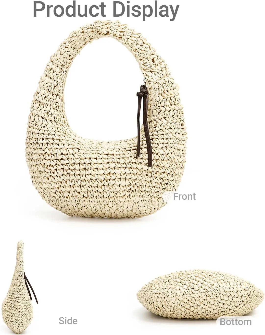 Herald Crescent Straw Handmade Shoulder Handbag for Women, Summer Beach Hobo Raffia Woven Underarm Bag Purse Tote
