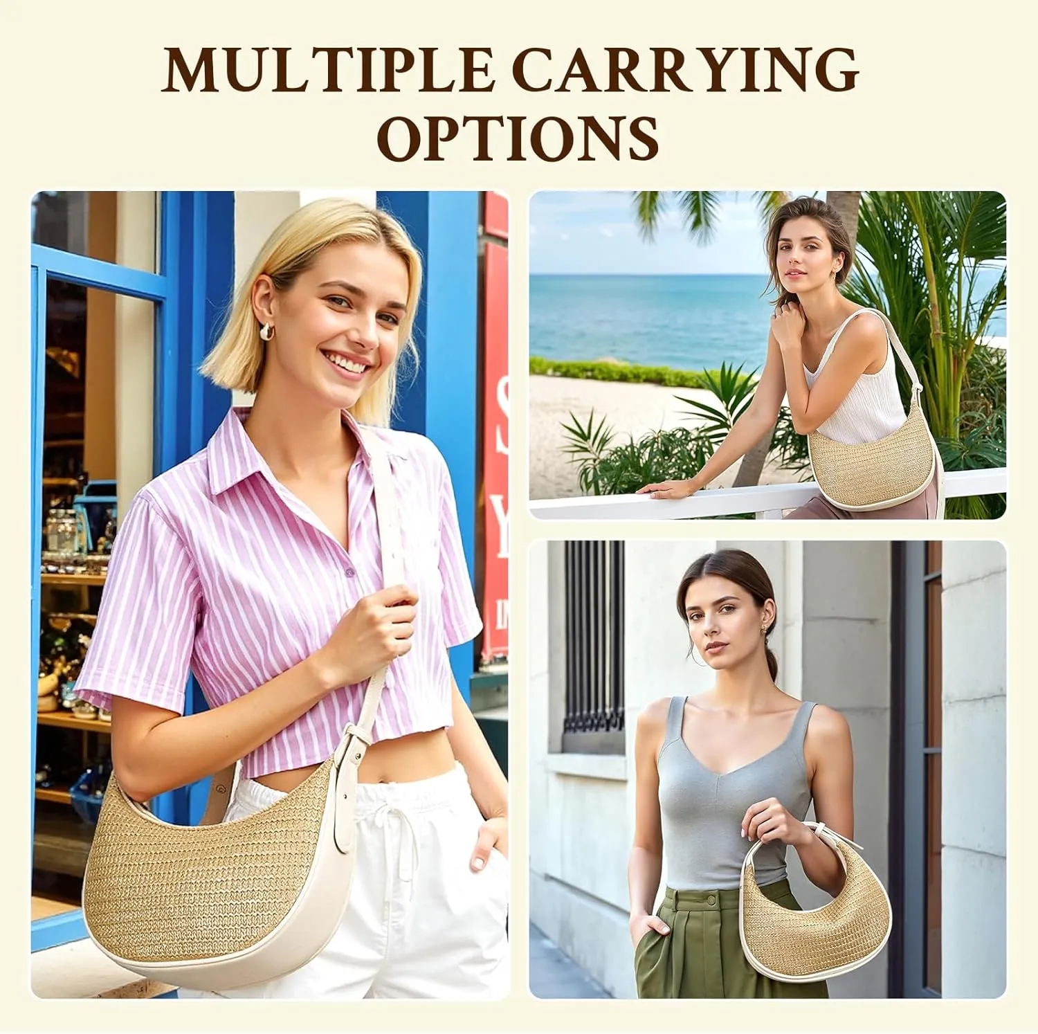 Herald Straw Crossbody Bag for Women Beach Woven Hobo Handbag Summer Chic Crescent Shoulder Purses with Adjustable Strap