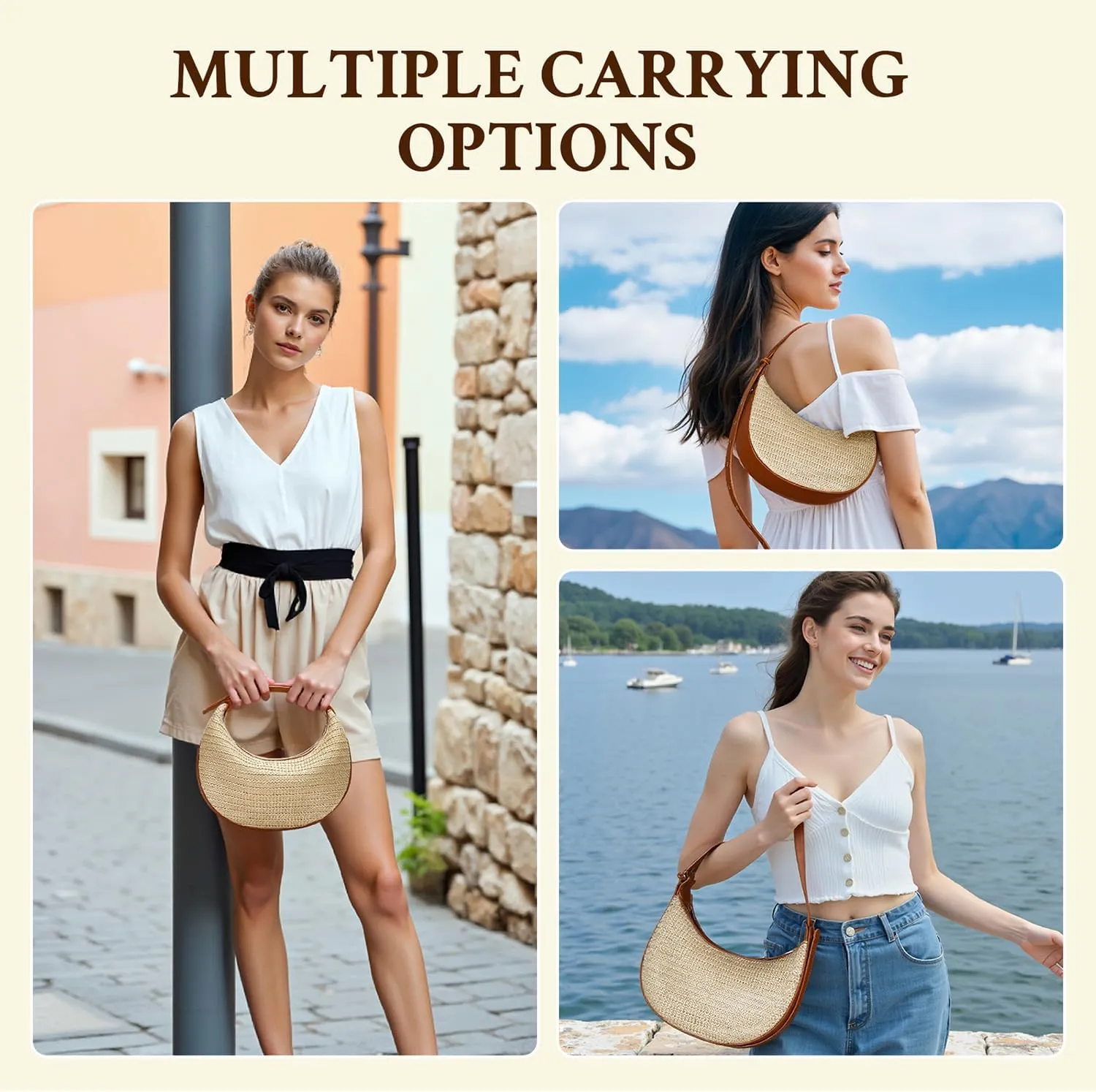 Herald Straw Crossbody Bag for Women Beach Woven Hobo Handbag Summer Chic Crescent Shoulder Purses with Adjustable Strap