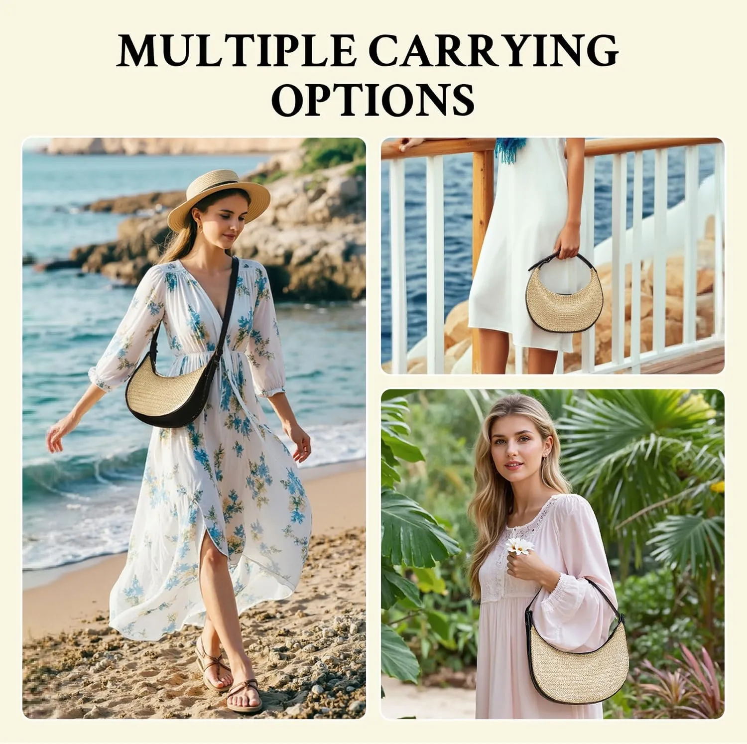 Herald Straw Crossbody Bag for Women Beach Woven Hobo Handbag Summer Chic Crescent Shoulder Purses with Adjustable Strap