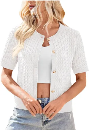 HGps8w Women's Knitted Hollow Cardigans, Half Sleeve Loose Fit Casual Lightweight Beach Coverups Open Front Tunic Shirts