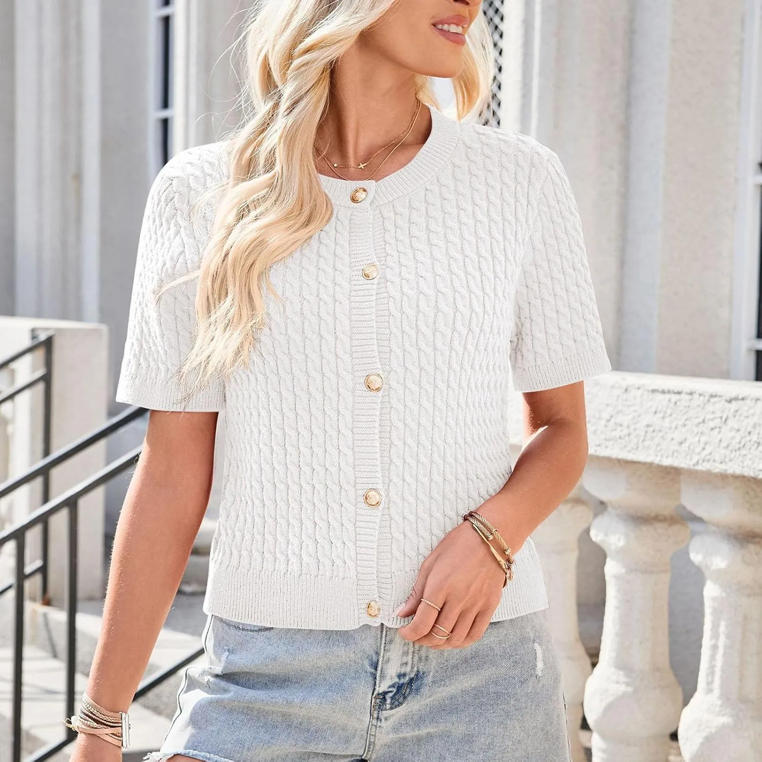 HGps8w Women's Knitted Hollow Cardigans, Half Sleeve Loose Fit Casual Lightweight Beach Coverups Open Front Tunic Shirts