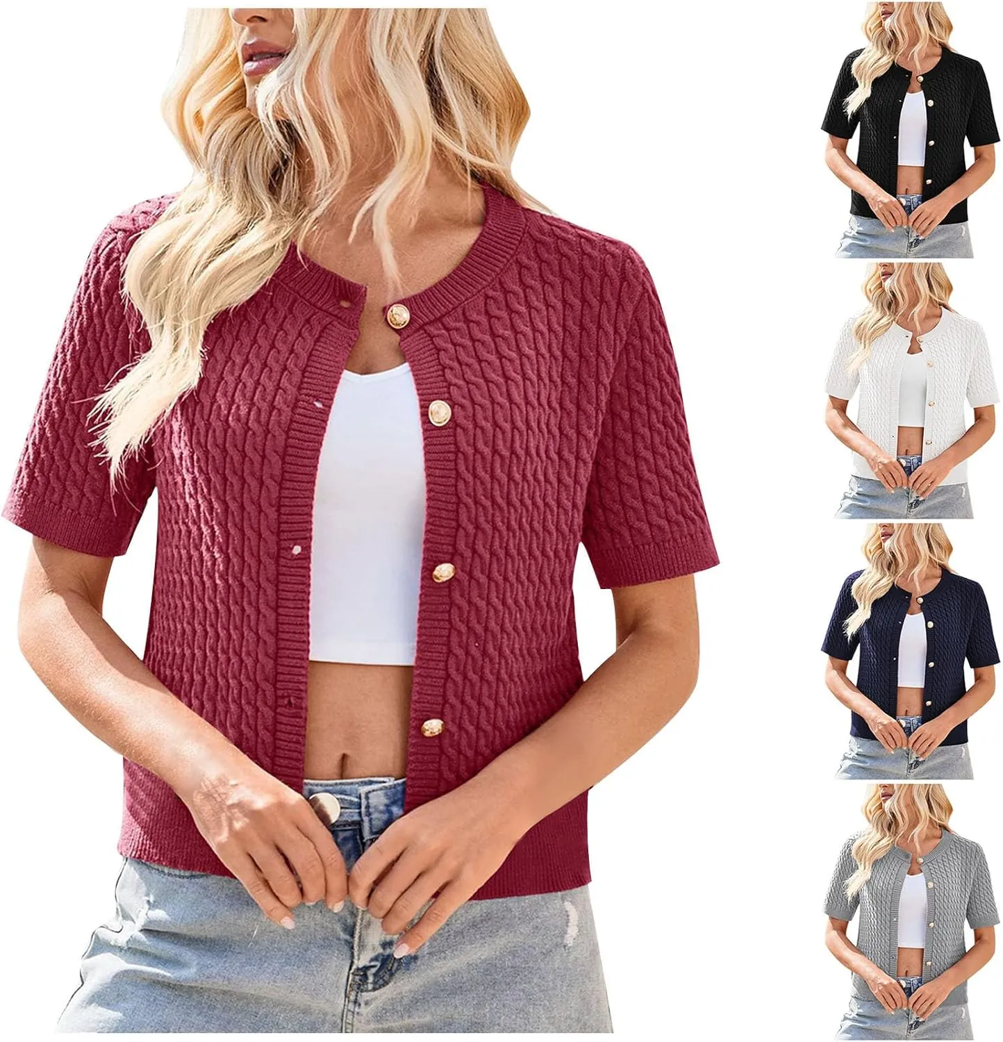 HGps8w Women's Knitted Hollow Cardigans, Half Sleeve Loose Fit Casual Lightweight Beach Coverups Open Front Tunic Shirts