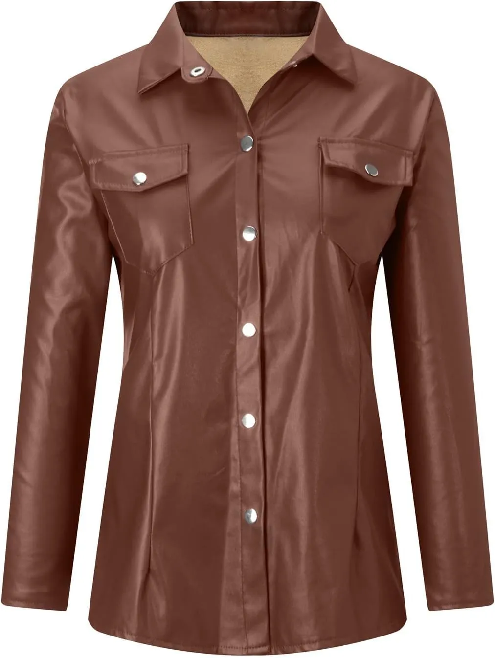 HGps8w Womens Sexy PU Faux Leather Button Down Shirts Slim Fitted Long Sleeve V Neck Blouses Tops with Pocket