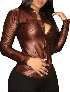 HGps8w Womens Sexy PU Faux Leather Button Down Shirts Slim Fitted Long Sleeve V Neck Blouses Tops with Pocket