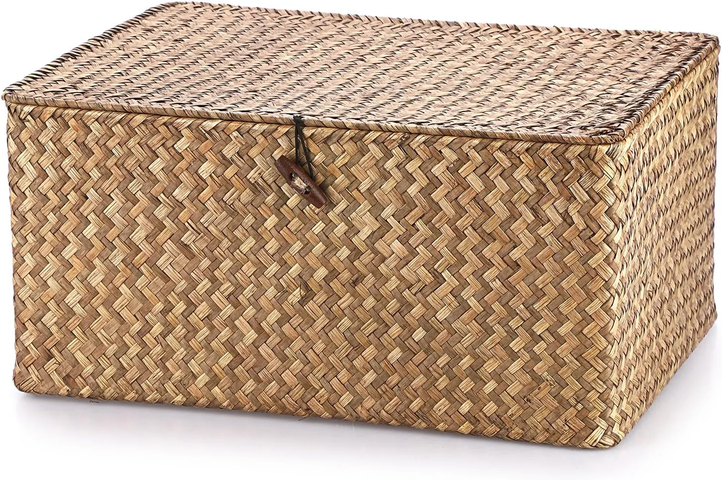 Hipiwe Wicker Shelf Baskets Bin with Lid, Handwoven Seagrass Basket Storage Bins Rectangular Household Basket Boxes for Shelf Wardrobe Home Organizer, Coffee X-Large