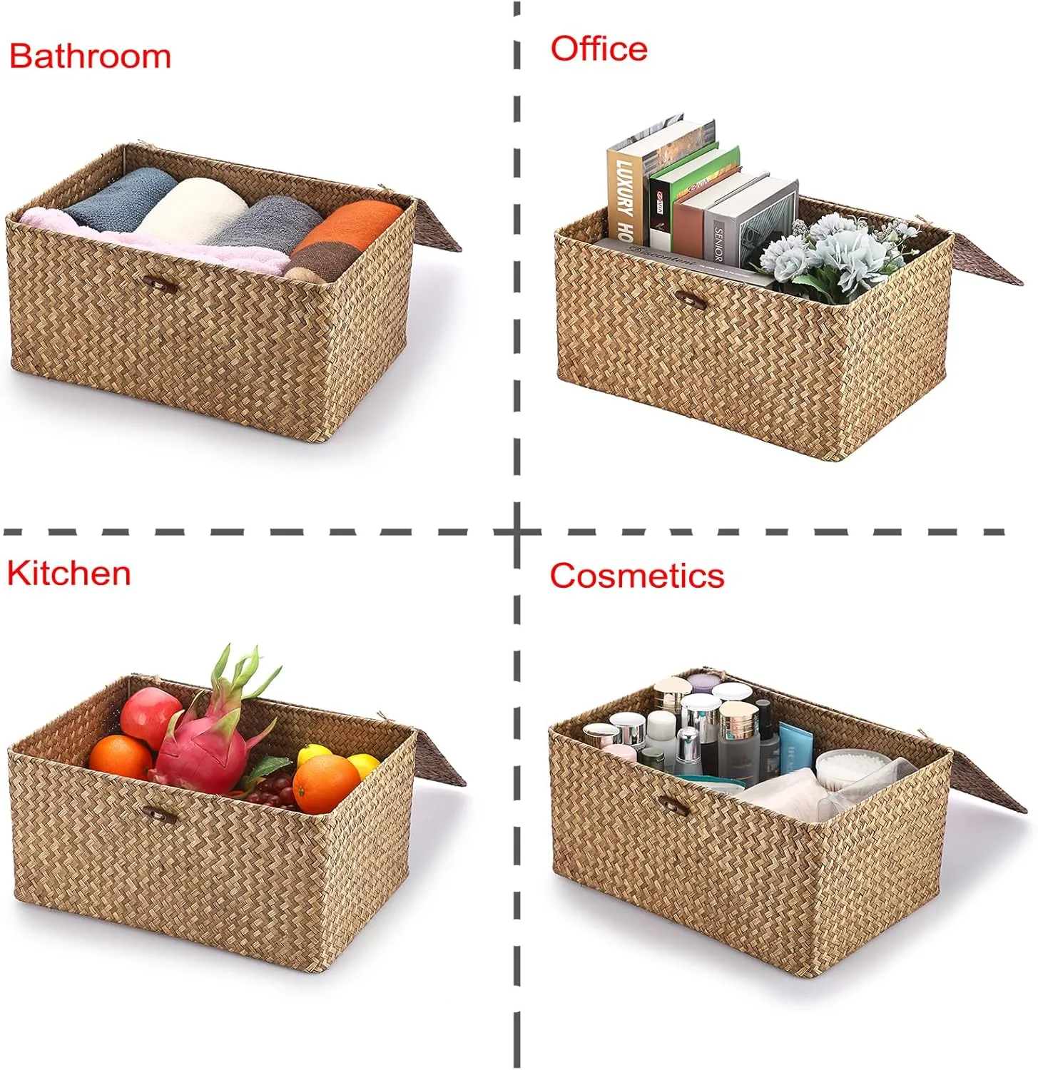 Hipiwe Wicker Shelf Baskets Bin with Lid, Handwoven Seagrass Basket Storage Bins Rectangular Household Basket Boxes for Shelf Wardrobe Home Organizer, Coffee X-Large