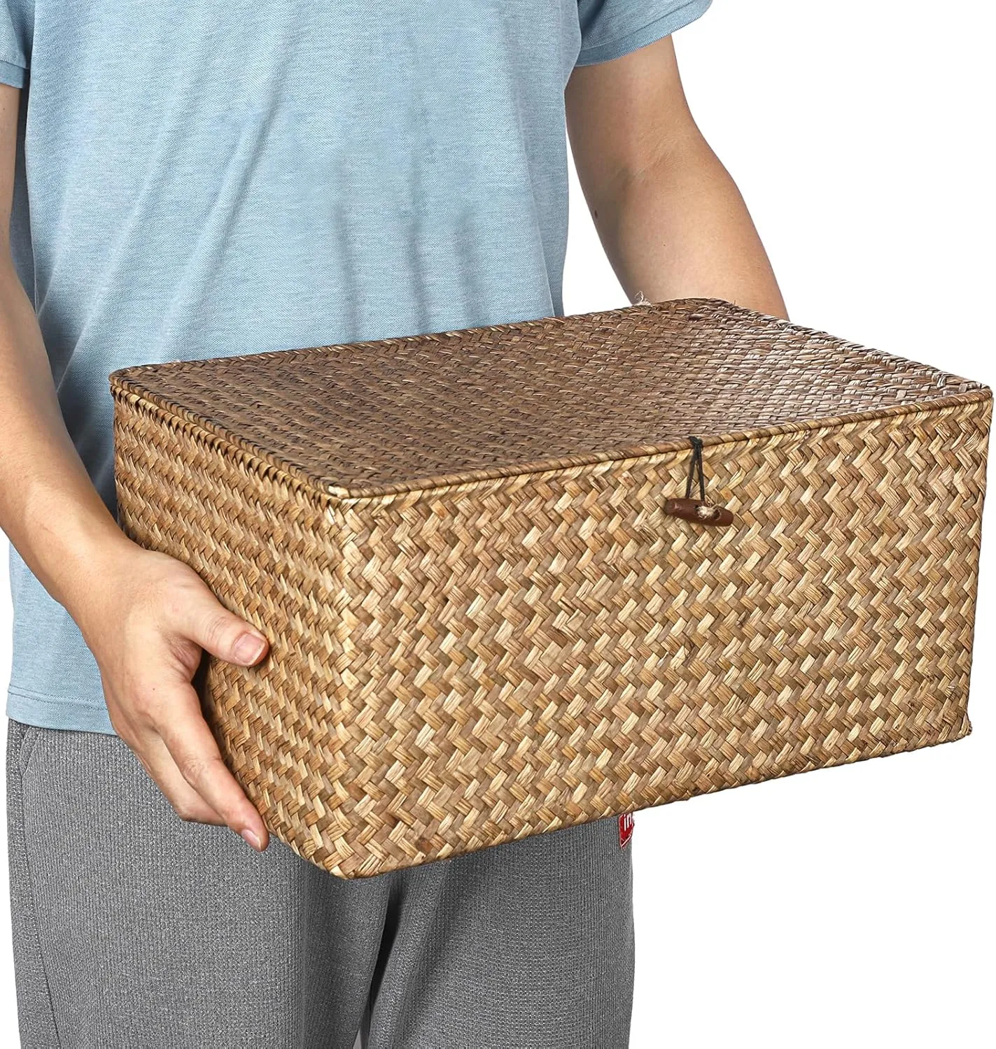 Hipiwe Wicker Shelf Baskets Bin with Lid, Handwoven Seagrass Basket Storage Bins Rectangular Household Basket Boxes for Shelf Wardrobe Home Organizer, Coffee X-Large