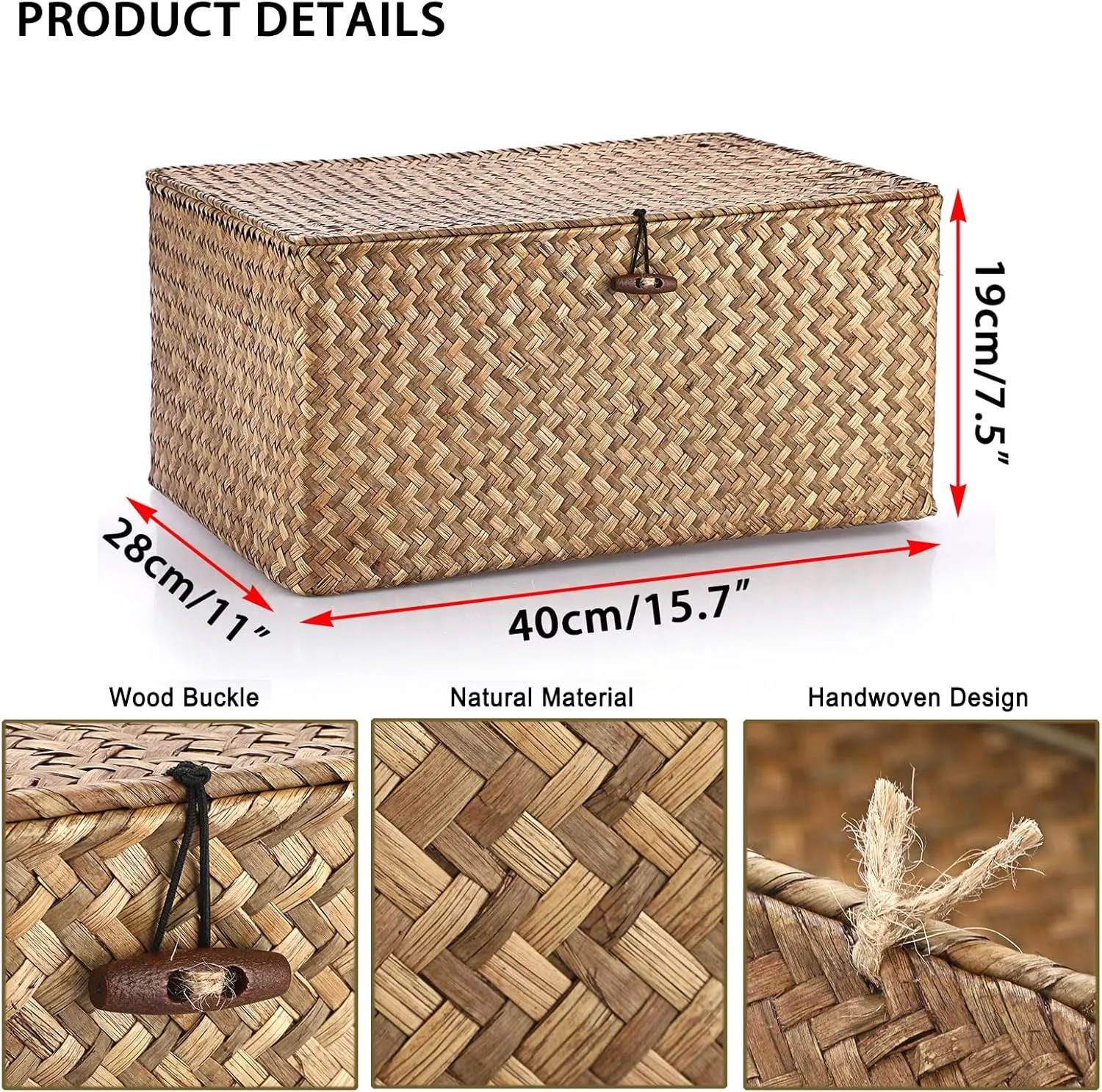 Hipiwe Wicker Shelf Baskets Bin with Lid, Handwoven Seagrass Basket Storage Bins Rectangular Household Basket Boxes for Shelf Wardrobe Home Organizer, Coffee X-Large