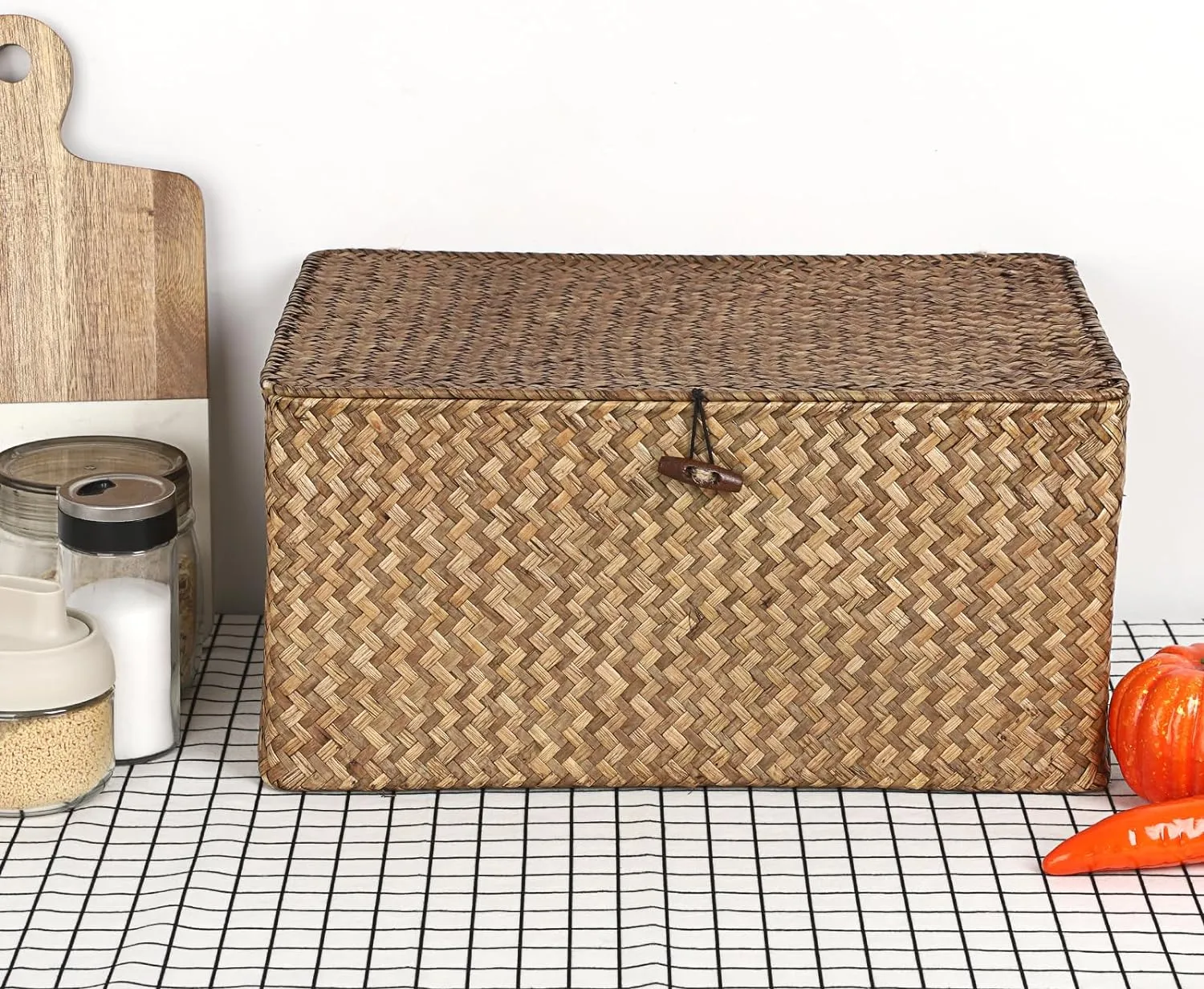 Hipiwe Wicker Shelf Baskets Bin with Lid, Handwoven Seagrass Basket Storage Bins Rectangular Household Basket Boxes for Shelf Wardrobe Home Organizer, Coffee X-Large