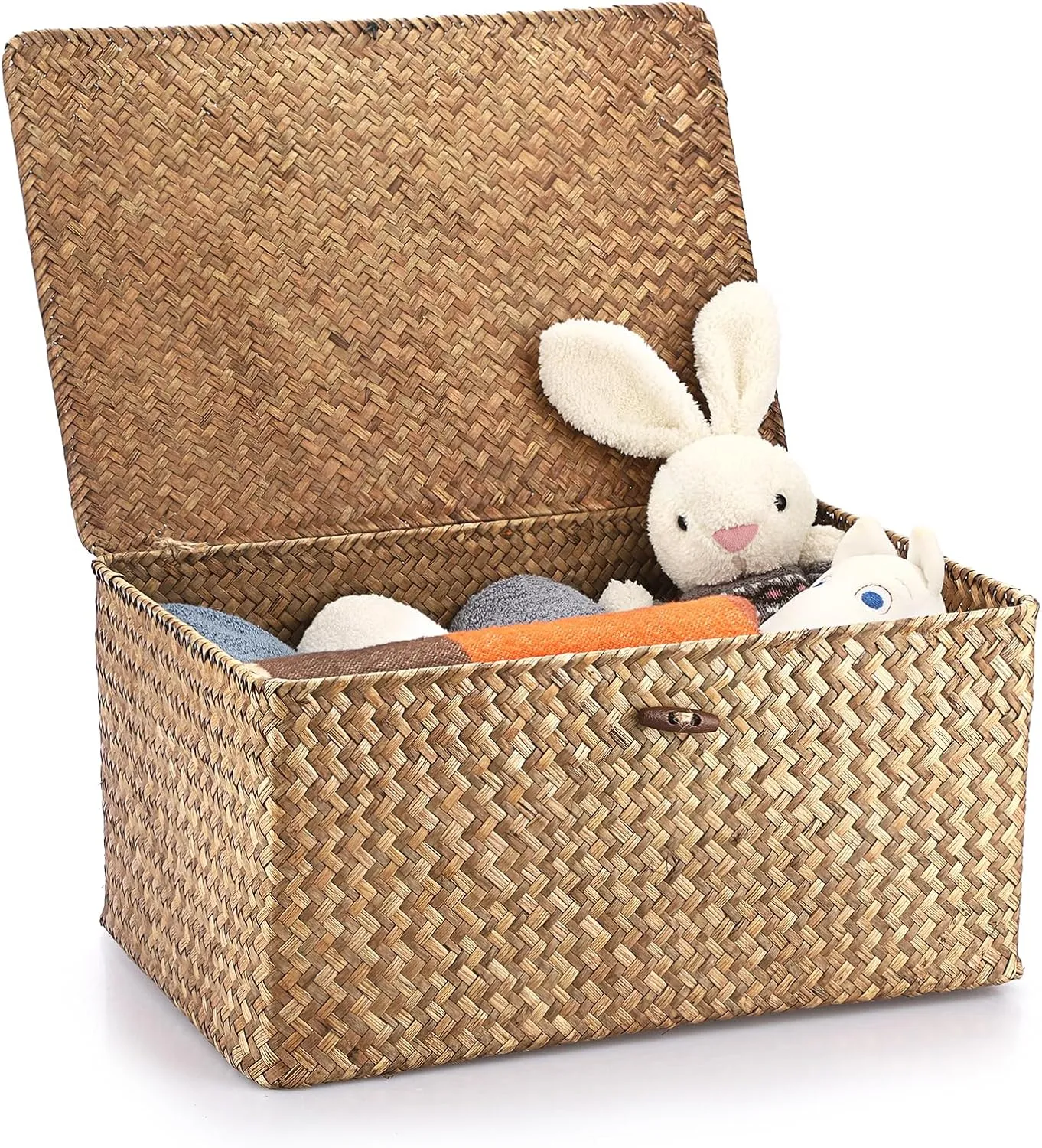 Hipiwe Wicker Shelf Baskets Bin with Lid, Handwoven Seagrass Basket Storage Bins Rectangular Household Basket Boxes for Shelf Wardrobe Home Organizer, Coffee X-Large