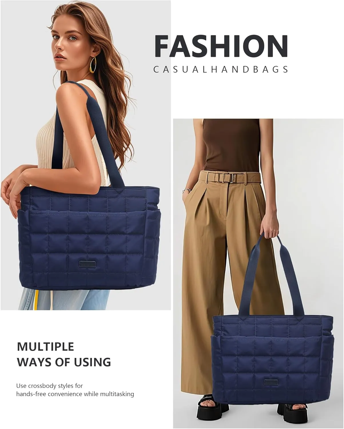 HKCLUF Quilted Puffer Tote Bag for Women 20L Lightweight Waterproof Large Work Travel Gym Tote Bag with Laptop Compartment
