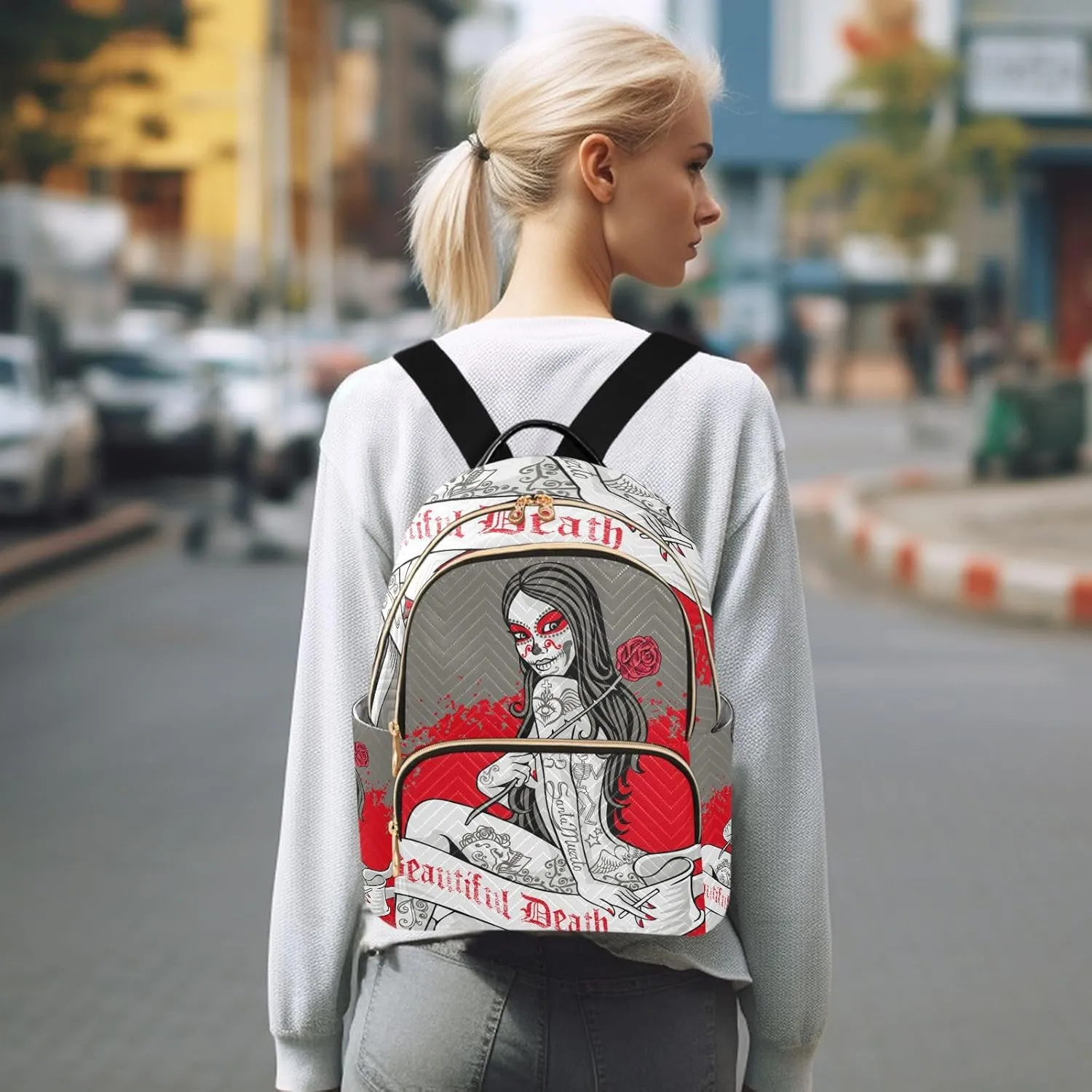 Holy Death Day Of The Dead Mexican Sugar Skull Girl with Skull Makeup Mini Backpack Women's Quilted Small Backpack Purse for Women College Fashion Travel Daypack Shoulder Bag