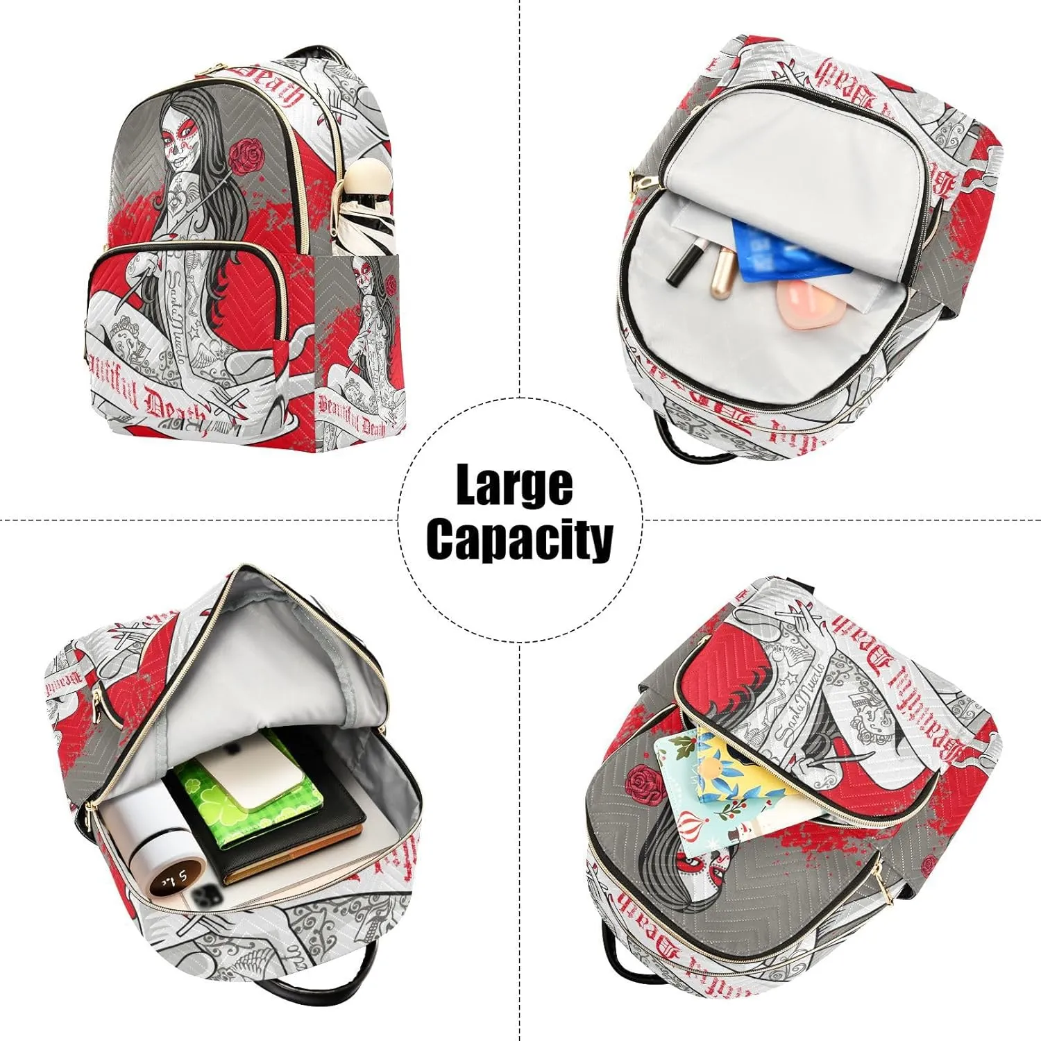 Holy Death Day Of The Dead Mexican Sugar Skull Girl with Skull Makeup Mini Backpack Women's Quilted Small Backpack Purse for Women College Fashion Travel Daypack Shoulder Bag