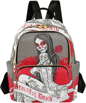Holy Death Day Of The Dead Mexican Sugar Skull Girl with Skull Makeup Mini Backpack Women's Quilted Small Backpack Purse for Women College Fashion Travel Daypack Shoulder Bag