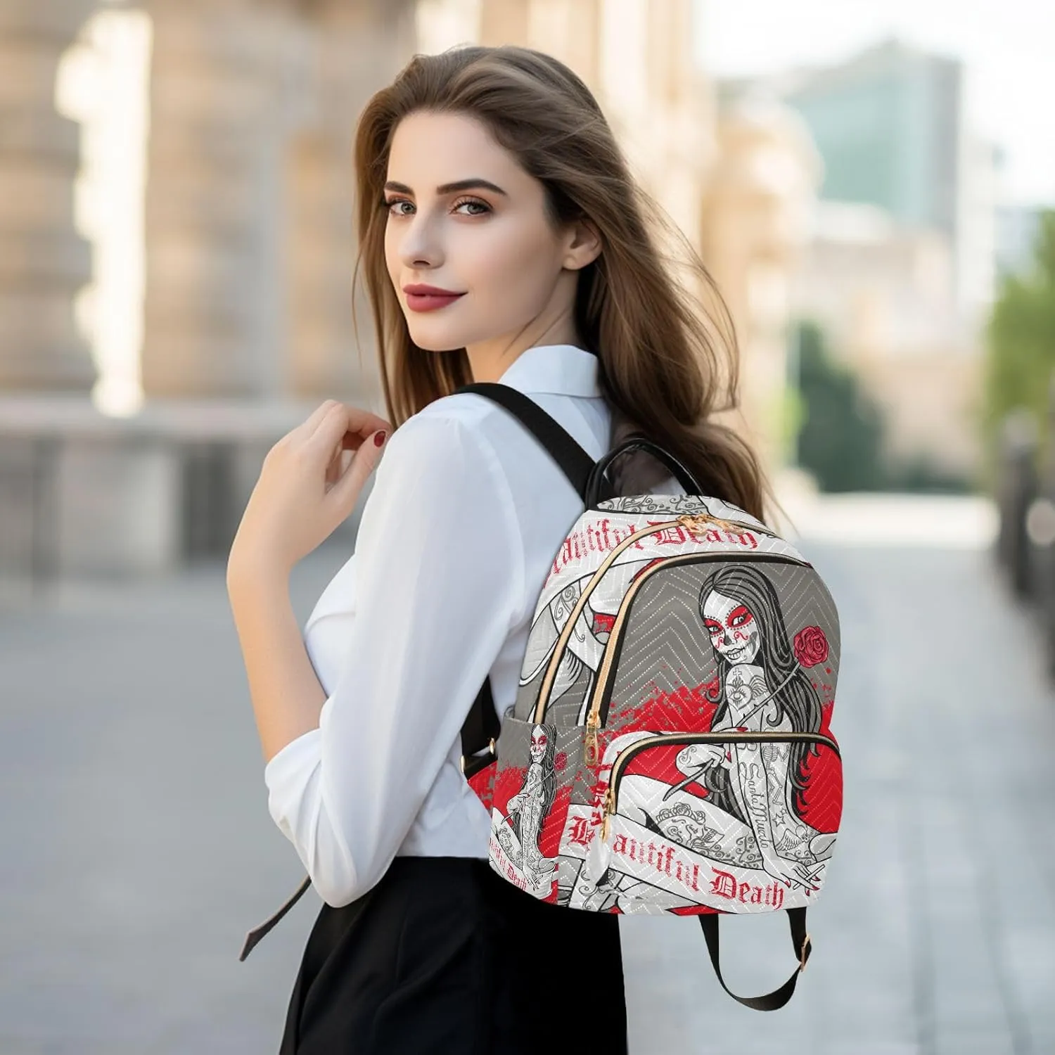 Holy Death Day Of The Dead Mexican Sugar Skull Girl with Skull Makeup Mini Backpack Women's Quilted Small Backpack Purse for Women College Fashion Travel Daypack Shoulder Bag