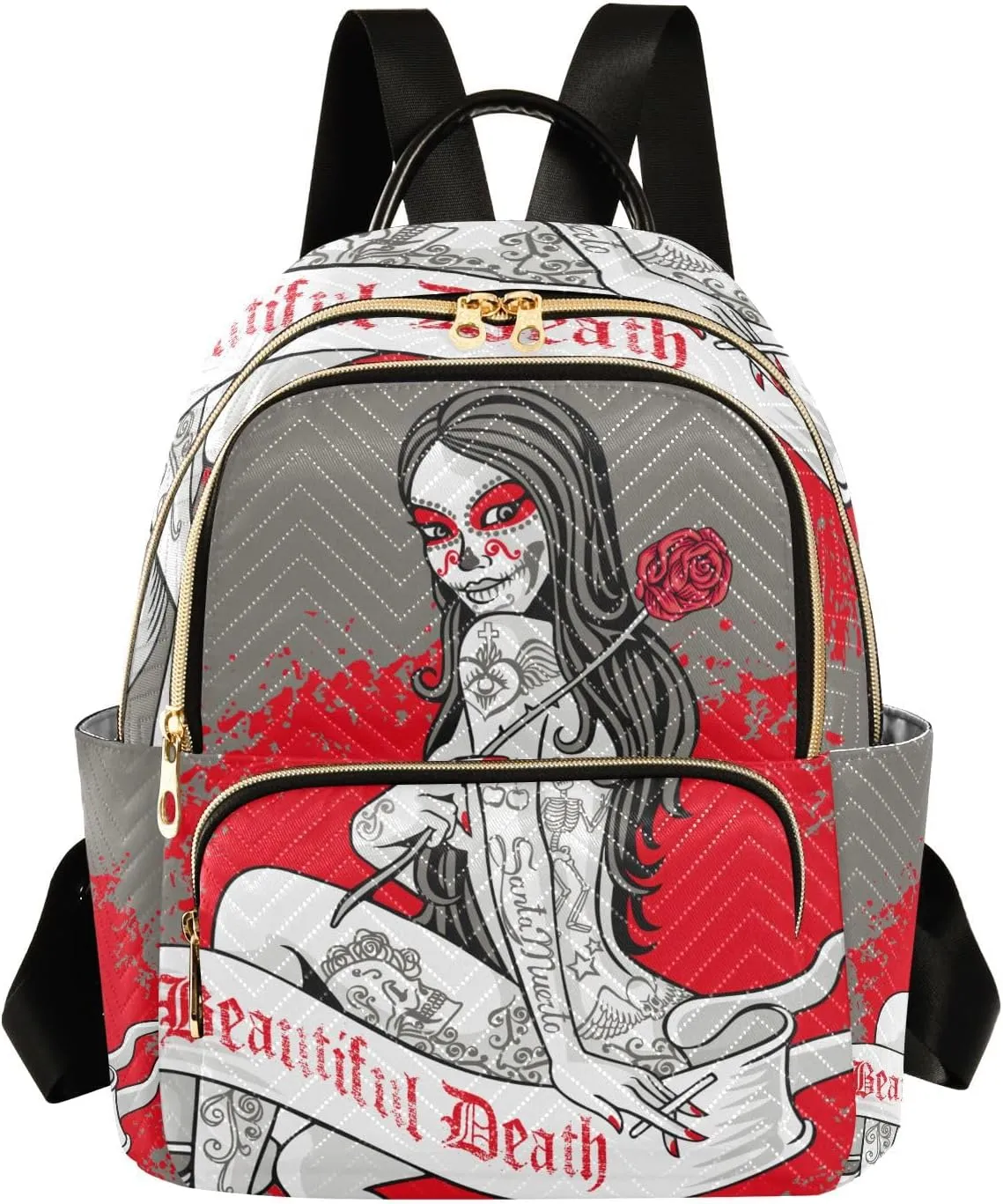 Holy Death Day Of The Dead Mexican Sugar Skull Girl with Skull Makeup Mini Backpack Women's Quilted Small Backpack Purse for Women College Fashion Travel Daypack Shoulder Bag