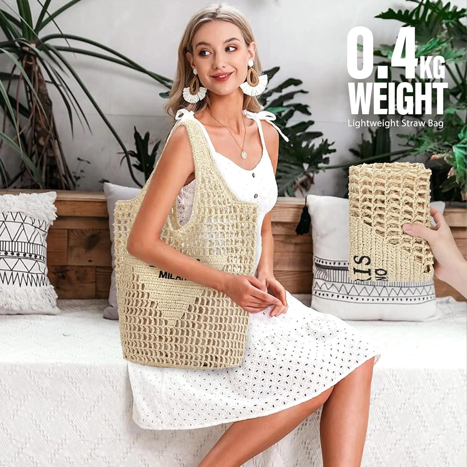 Hommtina Straw Beach Bag - Womens Crossbody Shoulder Vacation Purse for Summer