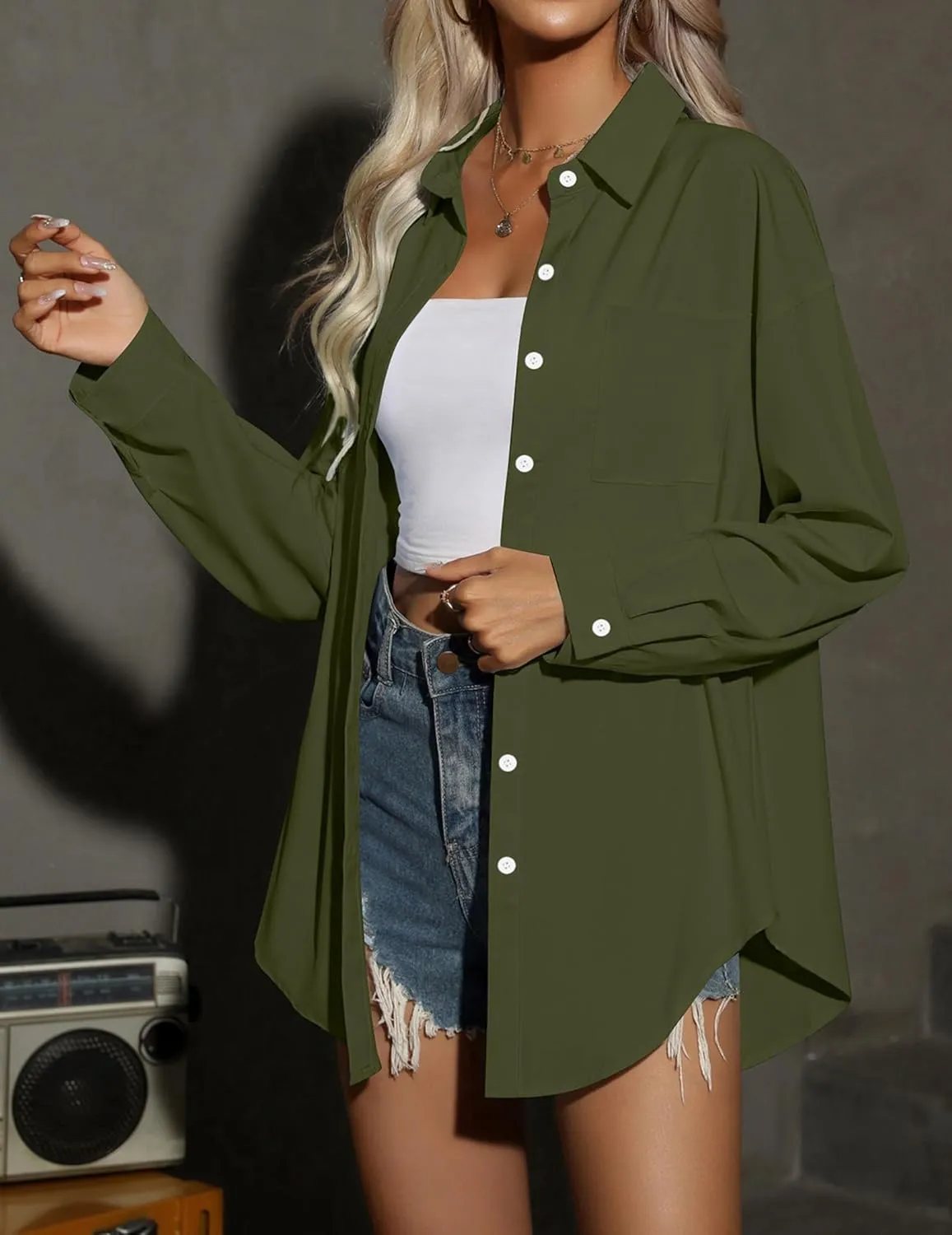 HOTOUCH Women Oversized Button Down Shirts Office Drop Shoulder Blouse Long Sleeve Boyfriend Dress Shirt with Pockets