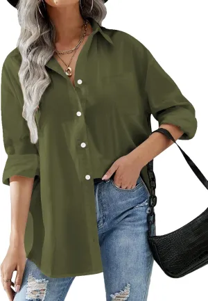 HOTOUCH Women Oversized Button Down Shirts Office Drop Shoulder Blouse Long Sleeve Boyfriend Dress Shirt with Pockets