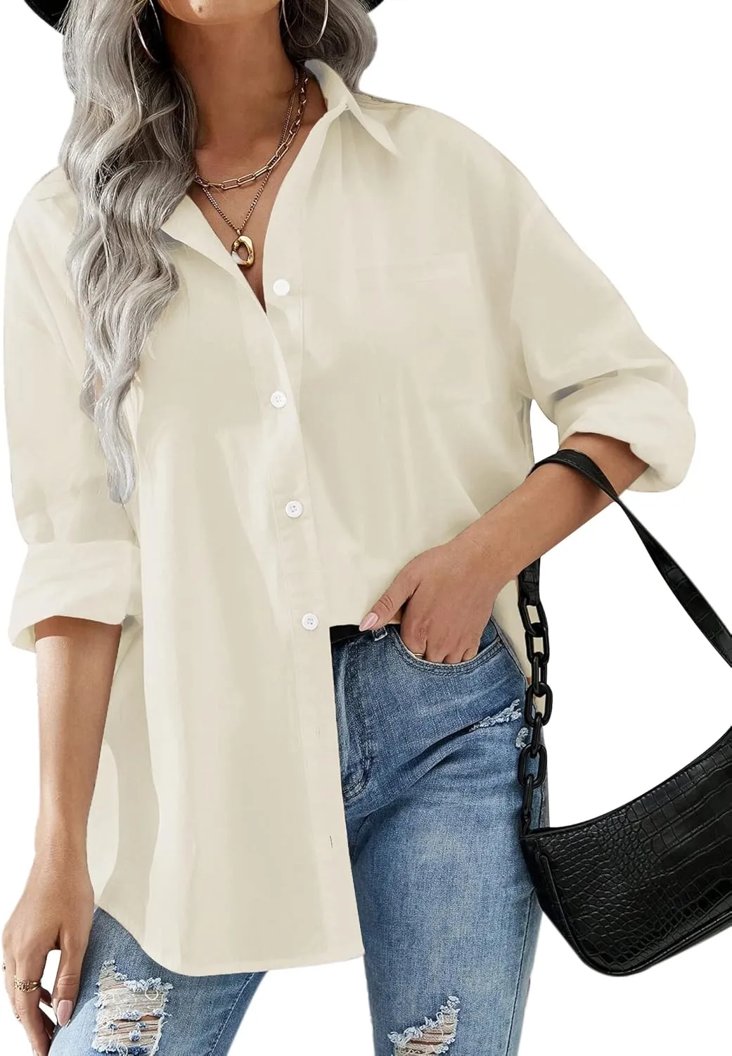 HOTOUCH Women Oversized Button Down Shirts Office Drop Shoulder Blouse Long Sleeve Boyfriend Dress Shirt with Pockets