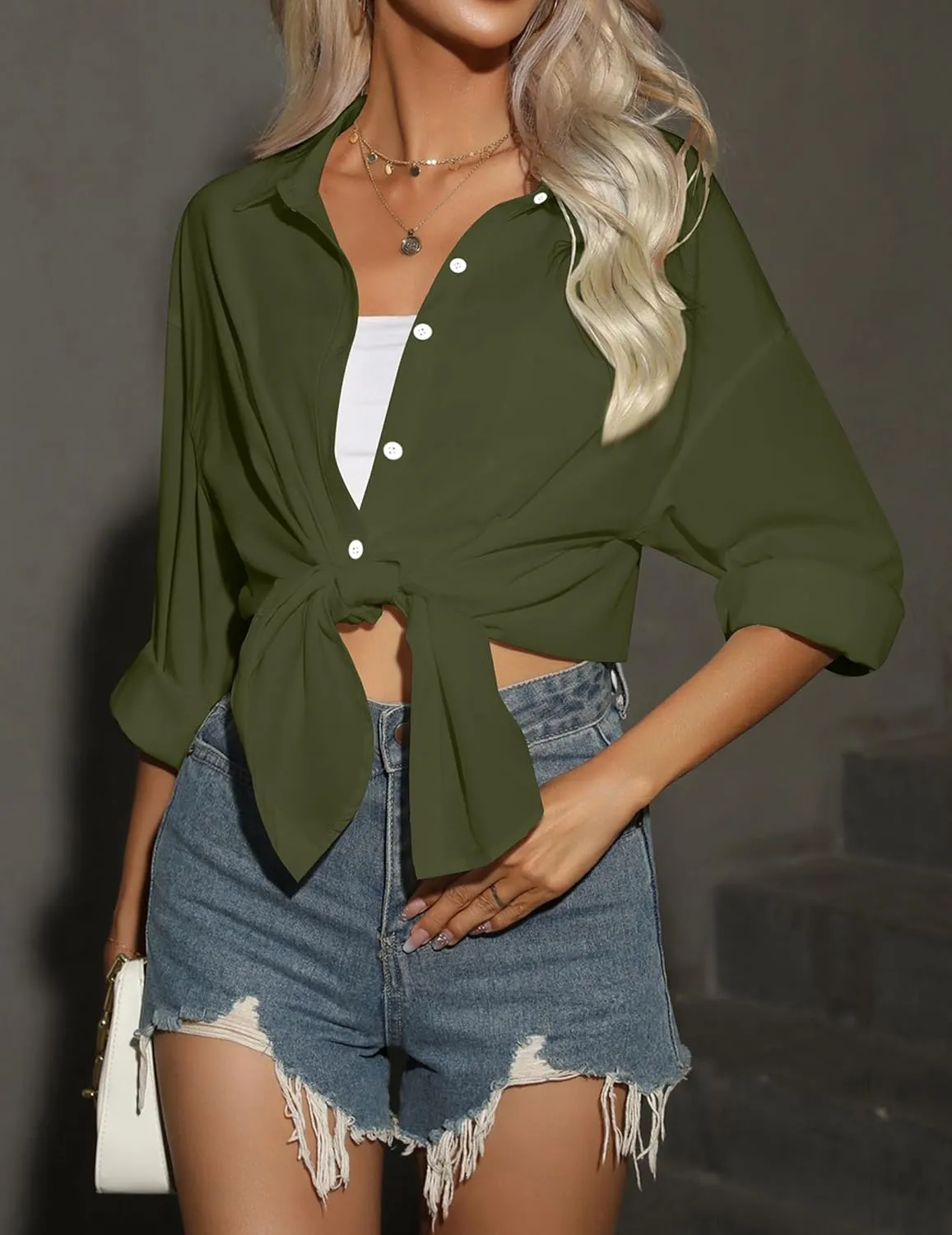 HOTOUCH Women Oversized Button Down Shirts Office Drop Shoulder Blouse Long Sleeve Boyfriend Dress Shirt with Pockets