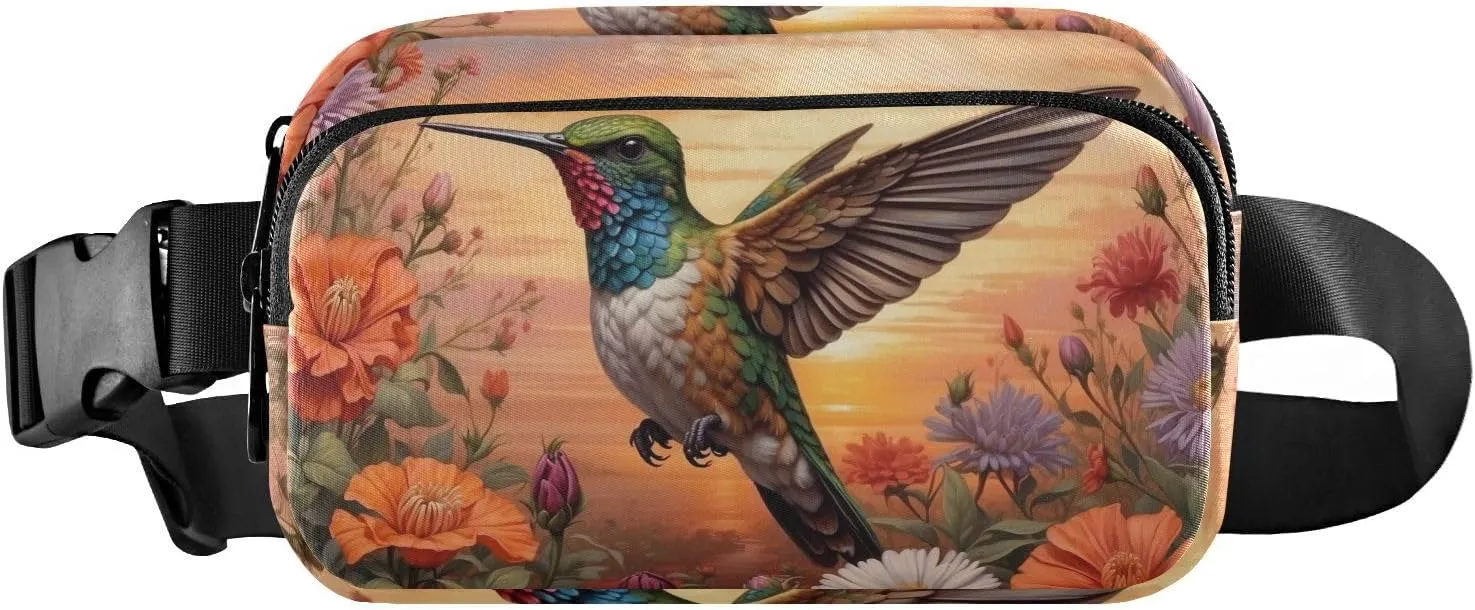 Hummingbird Hovers Wildflowers Fanny Pack Hip Bag Belt Bag for Women Man Fashion Waist Pack Water-repellent Crossbody Bag for Halloween Costumes Running Hiking Jogging Travel Sport
