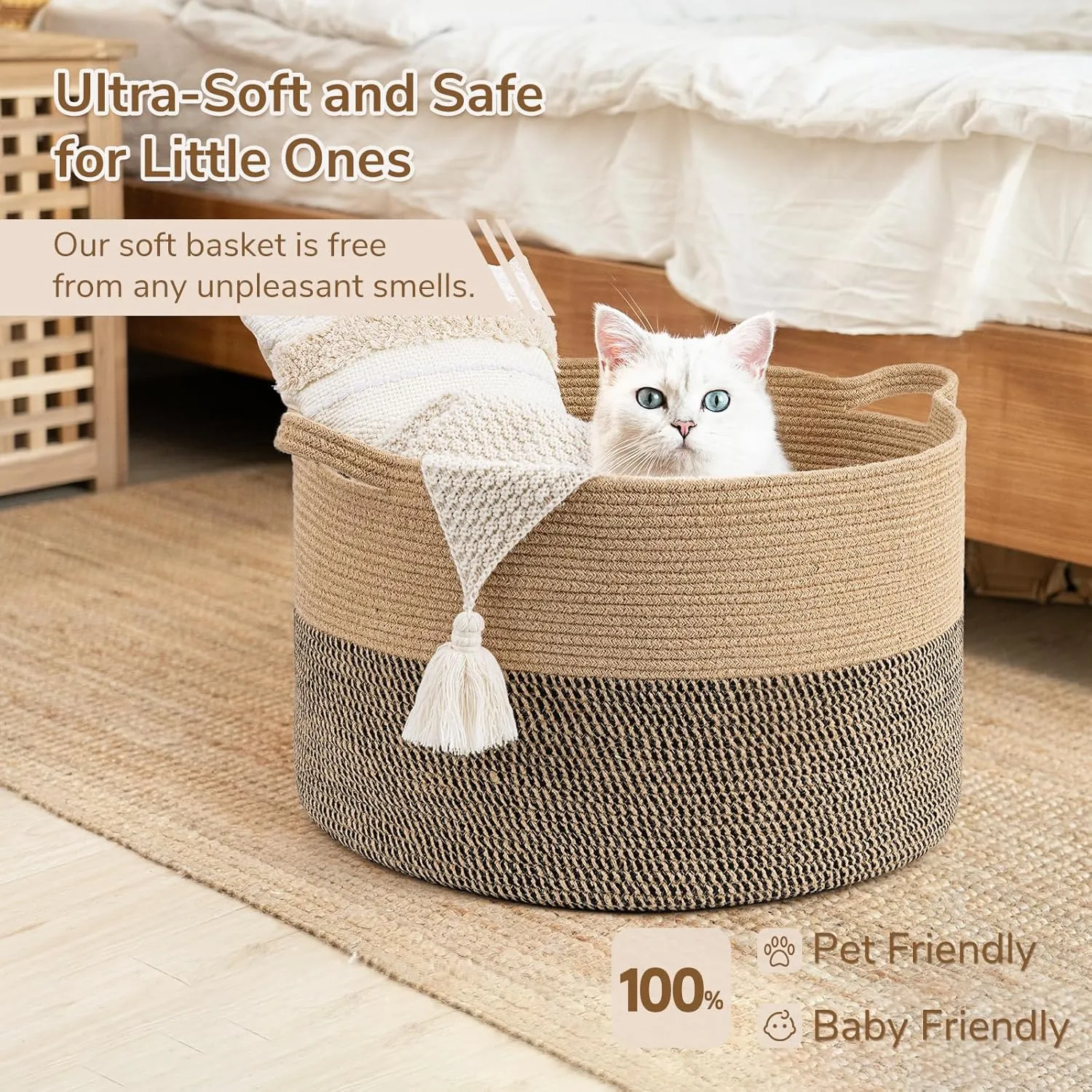 INDRESSME Extra Large Woven Baskets for Storage, 21.7 x 13.8 Blanket Basket Living Room Wicker Storage Basket for Organizing Woven Laundry Baskets for Toy Pillow Shoe, Entryway, Black Jute