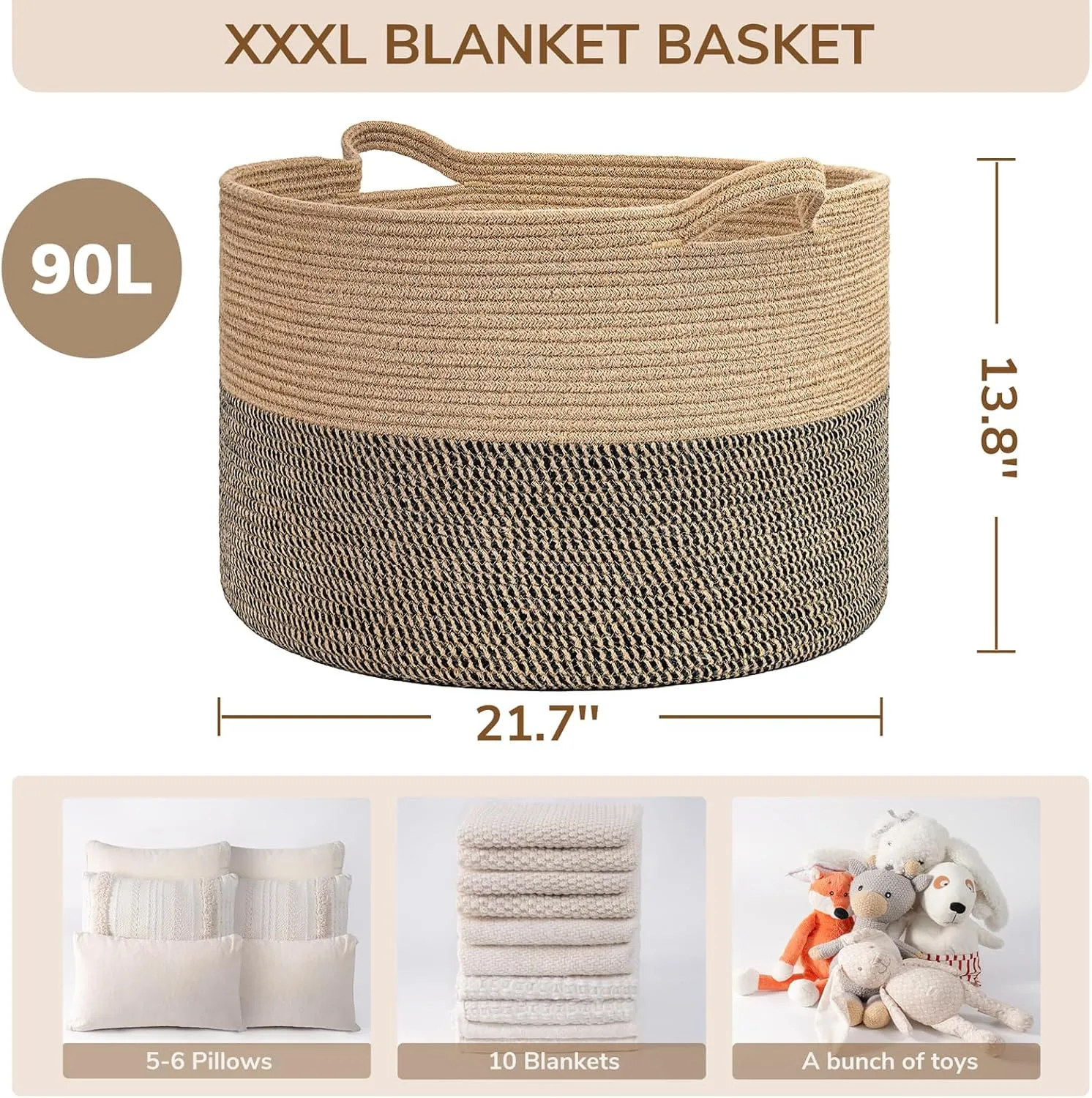 INDRESSME Extra Large Woven Baskets for Storage, 21.7 x 13.8 Blanket Basket Living Room Wicker Storage Basket for Organizing Woven Laundry Baskets for Toy Pillow Shoe, Entryway, Black Jute