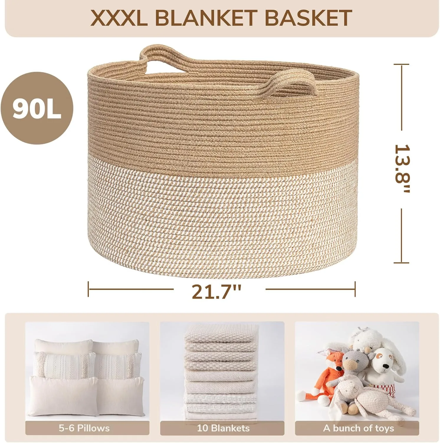 INDRESSME Extra Large Woven Baskets for Storage, 21.7'' x 13.8'' Wicker Basket with Handle for Blankets, Big Laundry Baskets for Clothes, Pillows, Towel, Shoe Basket for Entryway, 90L White Jute