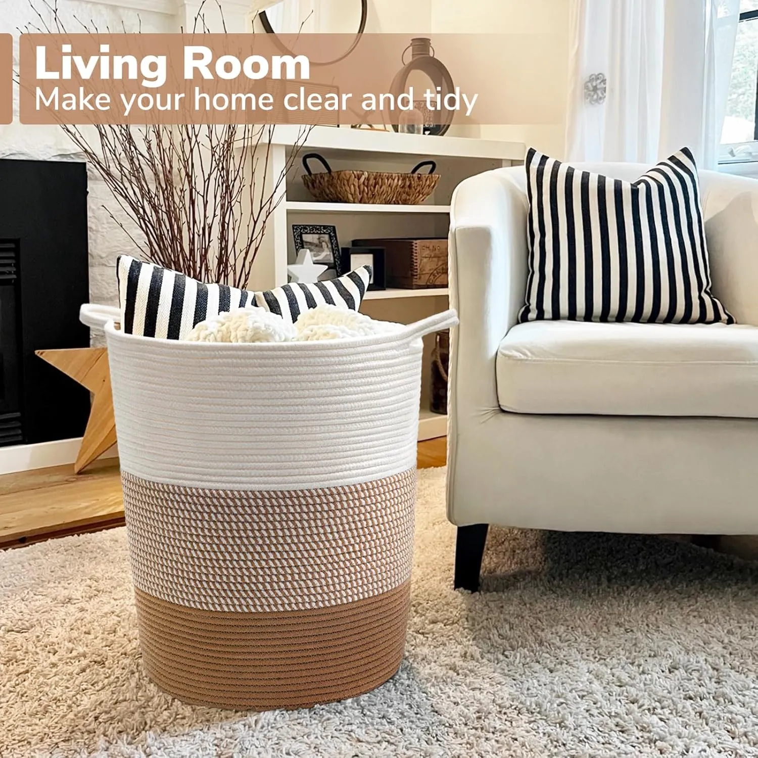INDRESSME Large Rope Basket - Tall Laundry Basket Hamper for Dirty Clothes Woven Jute Storage Baskets for Blanket in Living Room Toy Baskets for Nursery Storage, 17¾ x 15¾ x 13¾ inches
