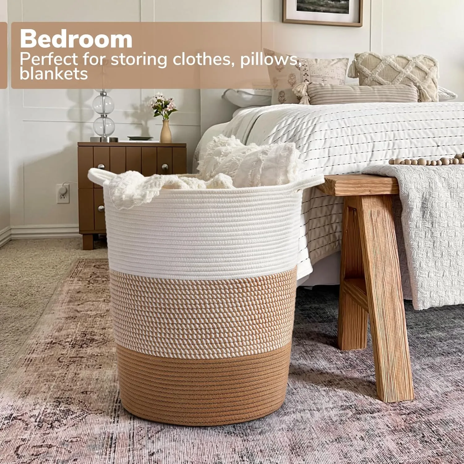 INDRESSME Large Rope Basket - Tall Laundry Basket Hamper for Dirty Clothes Woven Jute Storage Baskets for Blanket in Living Room Toy Baskets for Nursery Storage, 17¾ x 15¾ x 13¾ inches