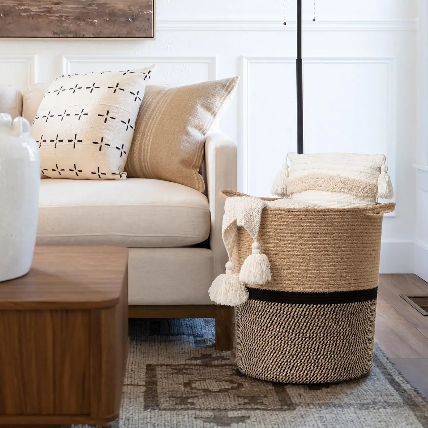 INDRESSME Wicker Laundry Hamper Tall Laundry Basket for Blankets, Clothes, Toys, Woven Storage Baskets for Living Room, Wicker Basket for Gifts, 17.8" x 15.8" x 13.8"
