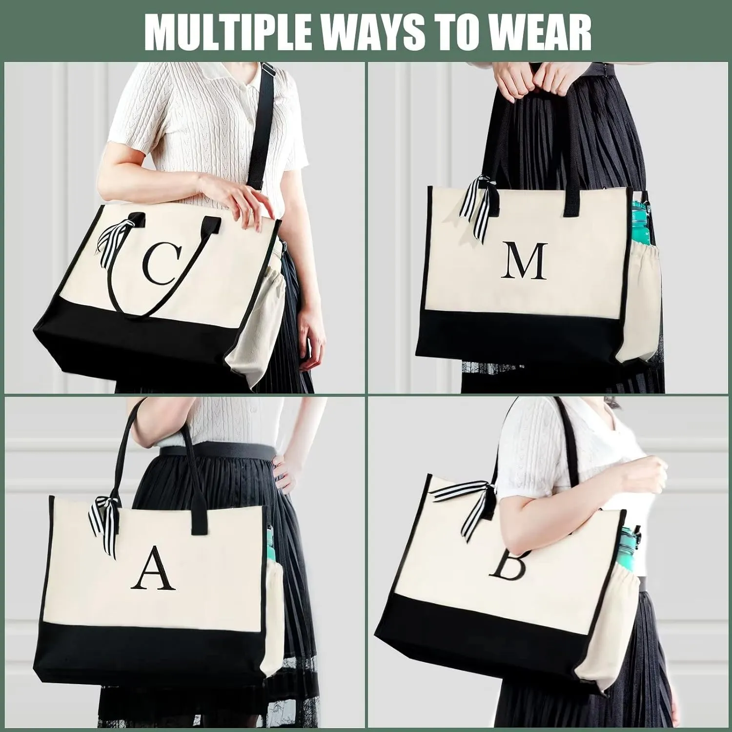 Initial Canvas Tote Bag - Reusable Grocery Bags, Birthday Gifts Basket for Bridemaids Friends Teachers