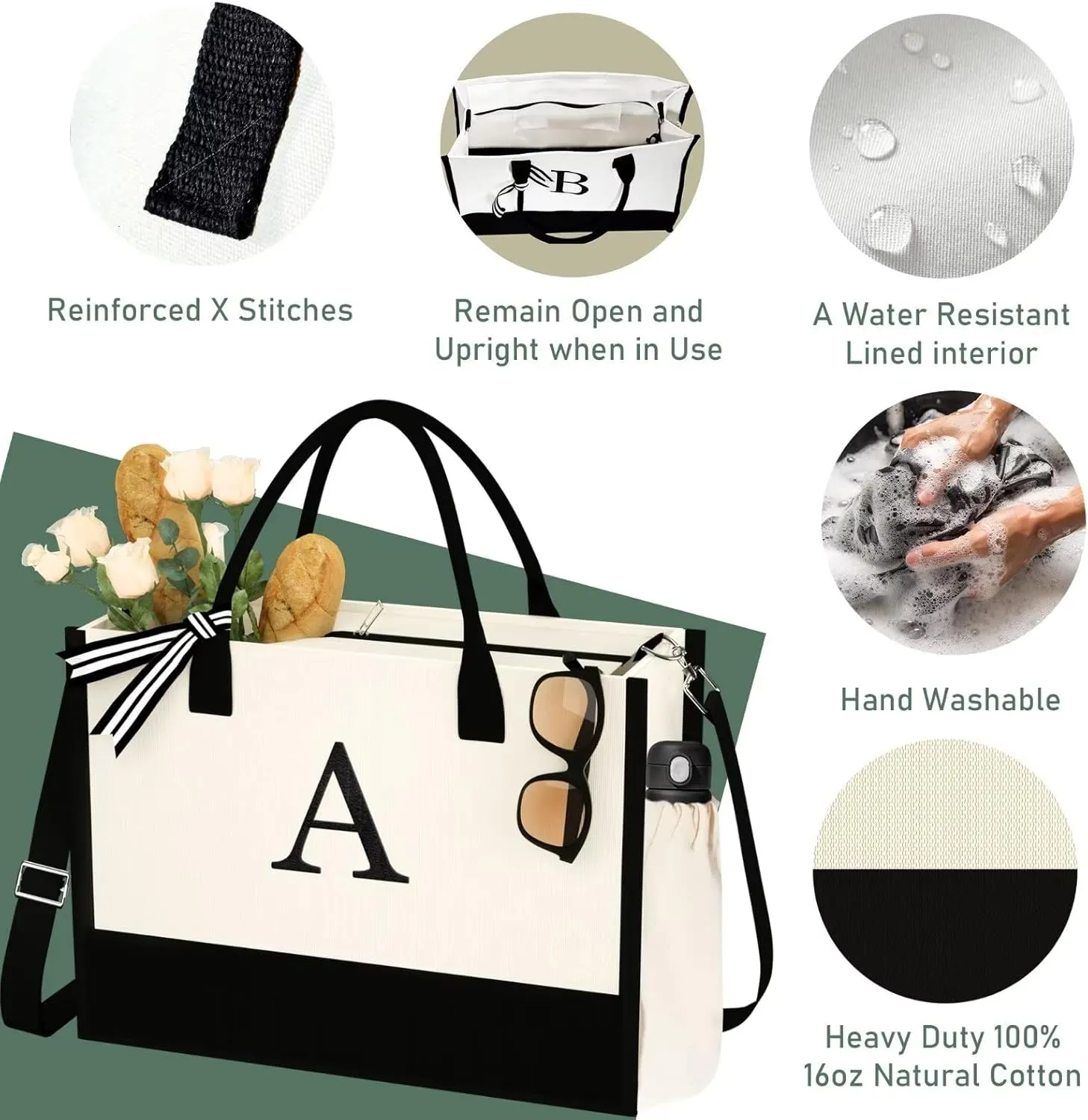 Initial Canvas Tote Bag - Reusable Grocery Bags, Birthday Gifts Basket for Bridemaids Friends Teachers