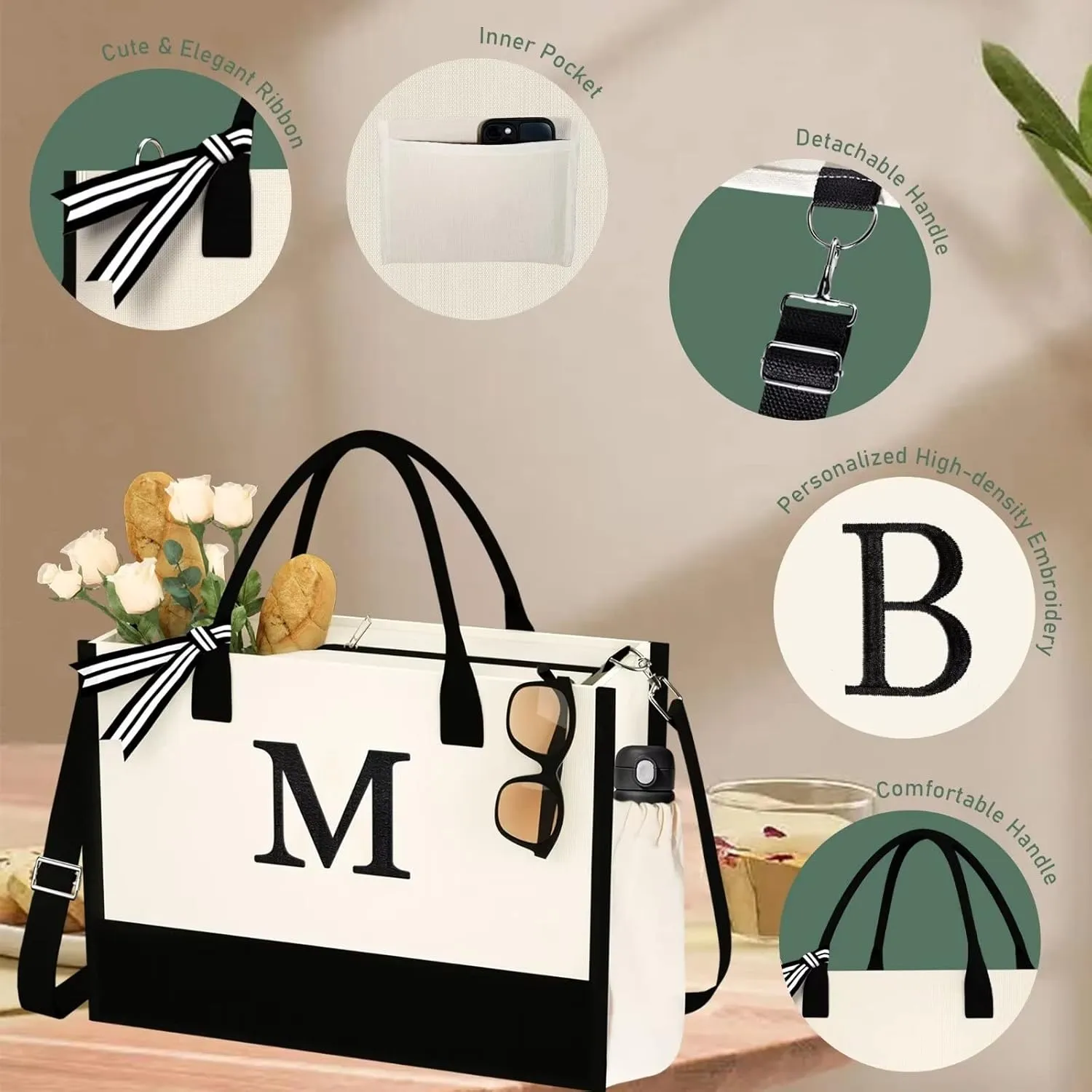 Initial Canvas Tote Bag - Reusable Grocery Bags, Birthday Gifts Basket for Bridemaids Friends Teachers