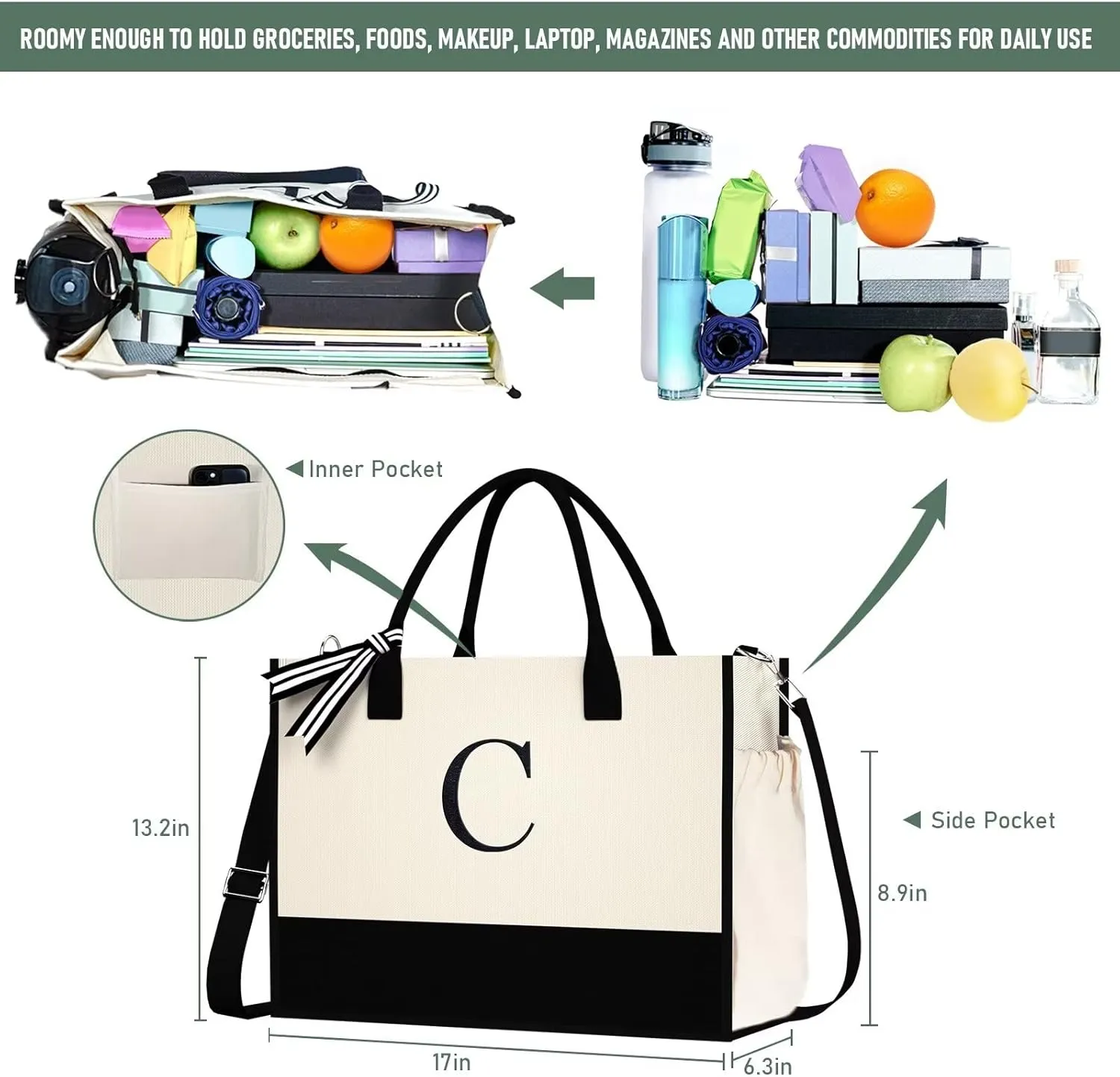 Initial Canvas Tote Bag - Reusable Grocery Bags, Birthday Gifts Basket for Bridemaids Friends Teachers