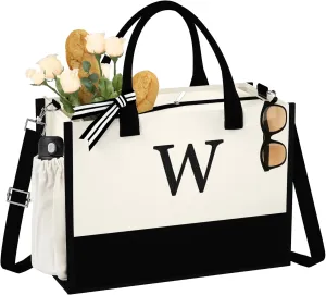 Initial Canvas Tote Bag - Reusable Grocery Bags, Birthday Gifts Basket for Bridemaids Friends Teachers