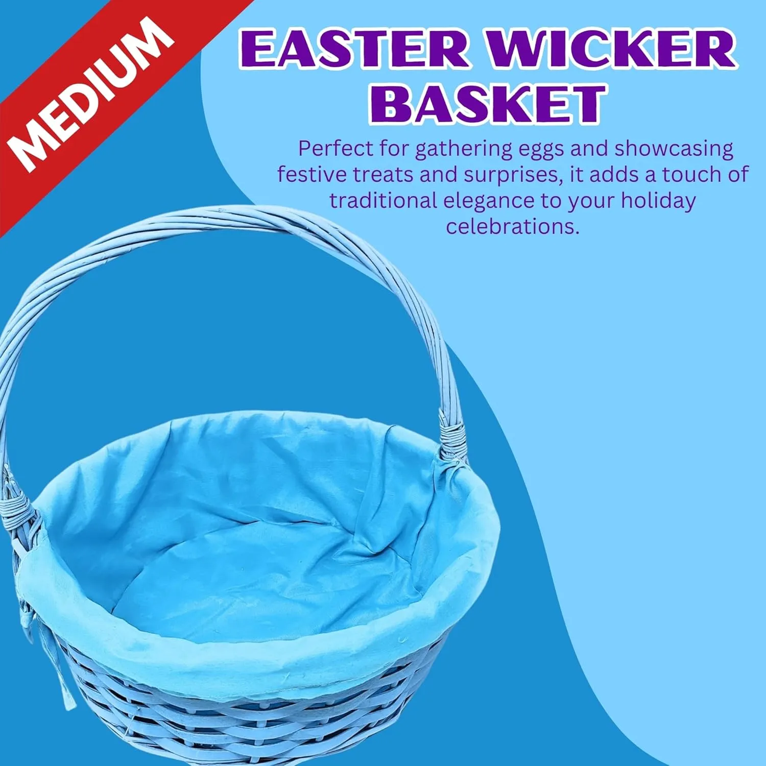 Ja'Cor Easter Basket with Handle, Empty Candy Storage Trick or Treat Bucket Egg Hunt Party Favor Gift Basket for Christmas Halloween Birthday Holiday 1 Pack (Blue Wicker w/Liner- Med)