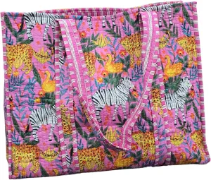 JAIPURIGARMENT Jungle Handblock Printed Cotton Quilted Tote Bag | Lighweight Shoulder Quilted Tote Bag