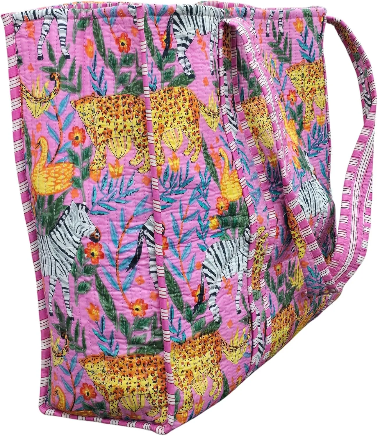 JAIPURIGARMENT Jungle Handblock Printed Cotton Quilted Tote Bag | Lighweight Shoulder Quilted Tote Bag