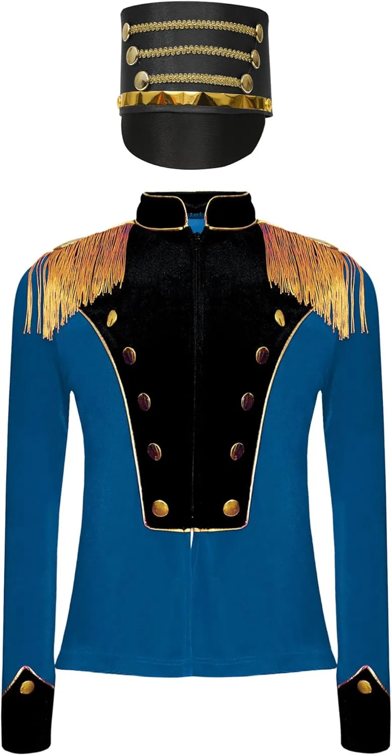 JEATHA Kids Drum Major Uniform Honor Guard Cosplay Outfits Majorette Costume Fringe Epaulet Jacket with Hat Set