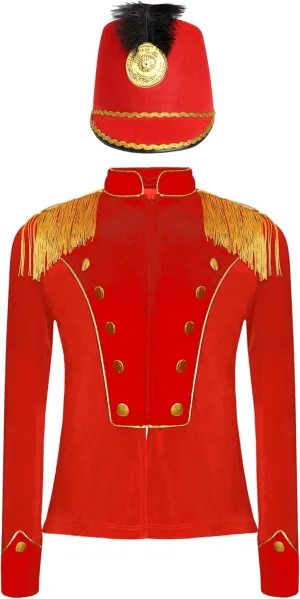 JEATHA Kids Unisex Royal Guard Costume Majorette Drum Major Outfits Long Sleeve Fringe Epaulet Jacket with Hat
