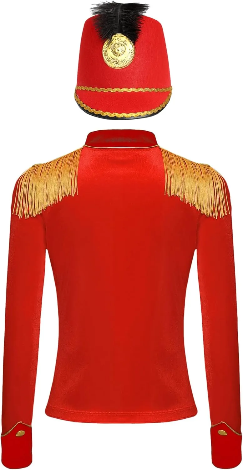 JEATHA Kids Unisex Royal Guard Costume Majorette Drum Major Outfits Long Sleeve Fringe Epaulet Jacket with Hat